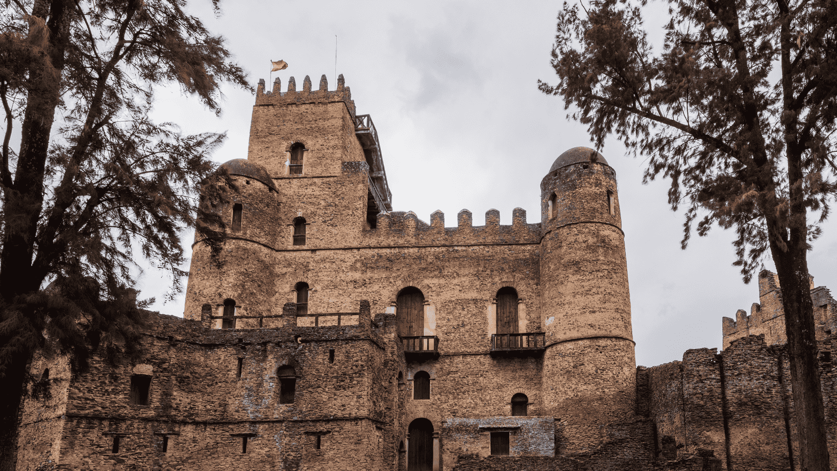 The stone castle of Fasilides at Gondar seen from below through pine trees, crenellated walls and domed corner towers against a pale sky