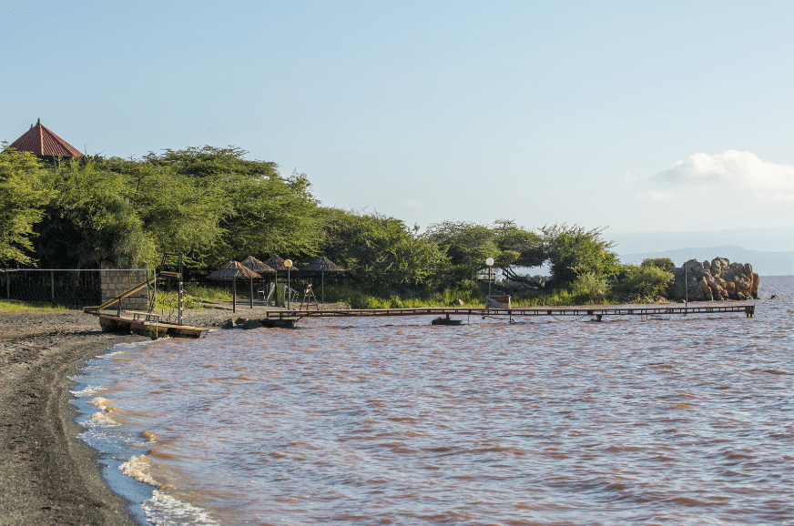 A jetty and thatched shelters on the shore of a Rift Valley lake in Ethiopia
