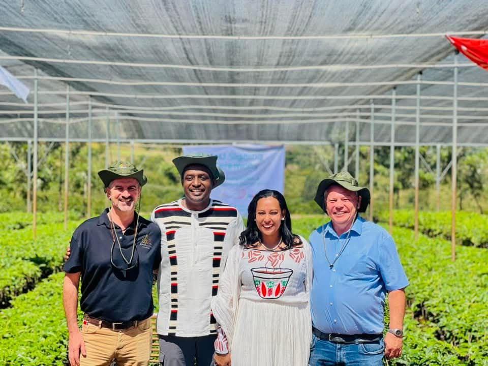 Guests touring a modern Ethiopian coffee farm, observing coffee cultivation and processing methods