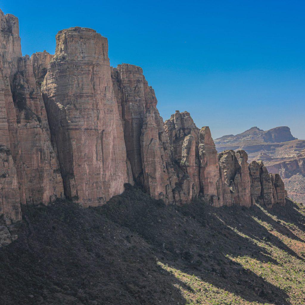Sheer sandstone towers of the Gheralta range rising above the Tigray plain