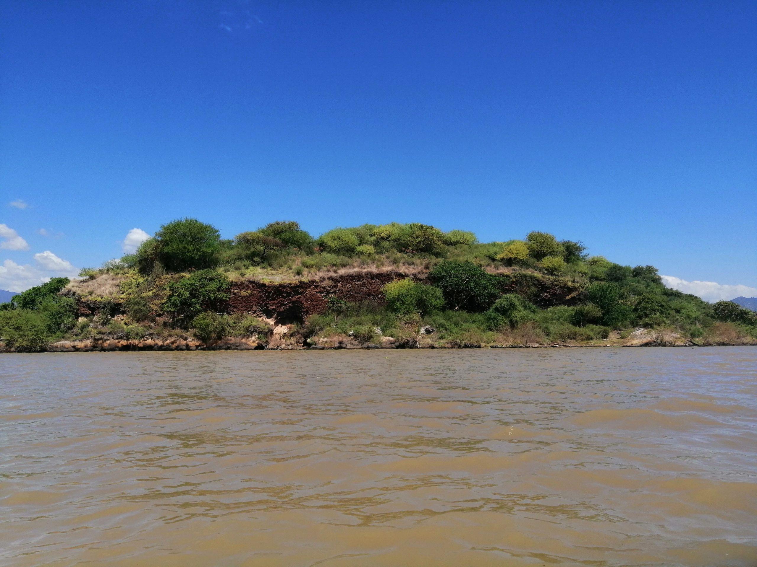 A green island rising from the brown water of Lake Chamo near Arba Minch