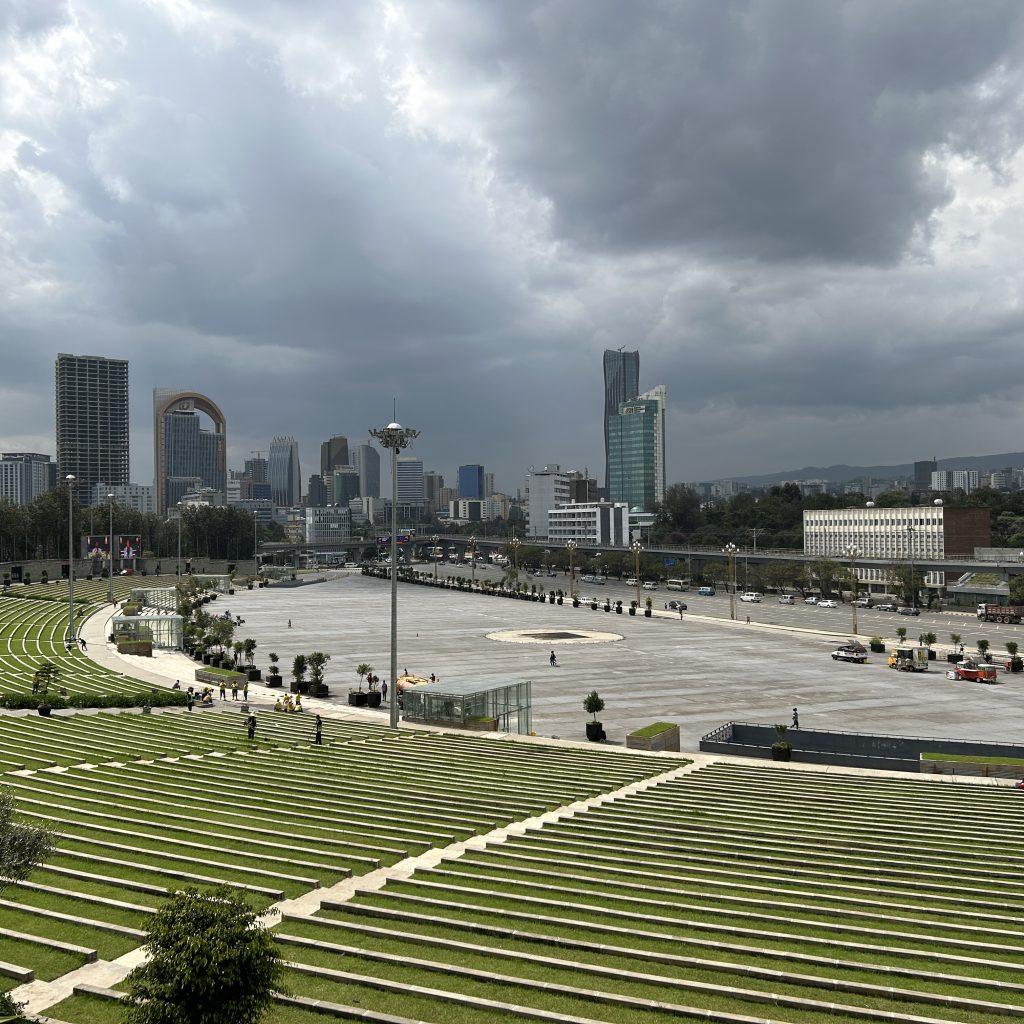 Meskel Square and the Addis Ababa skyline under heavy cloud