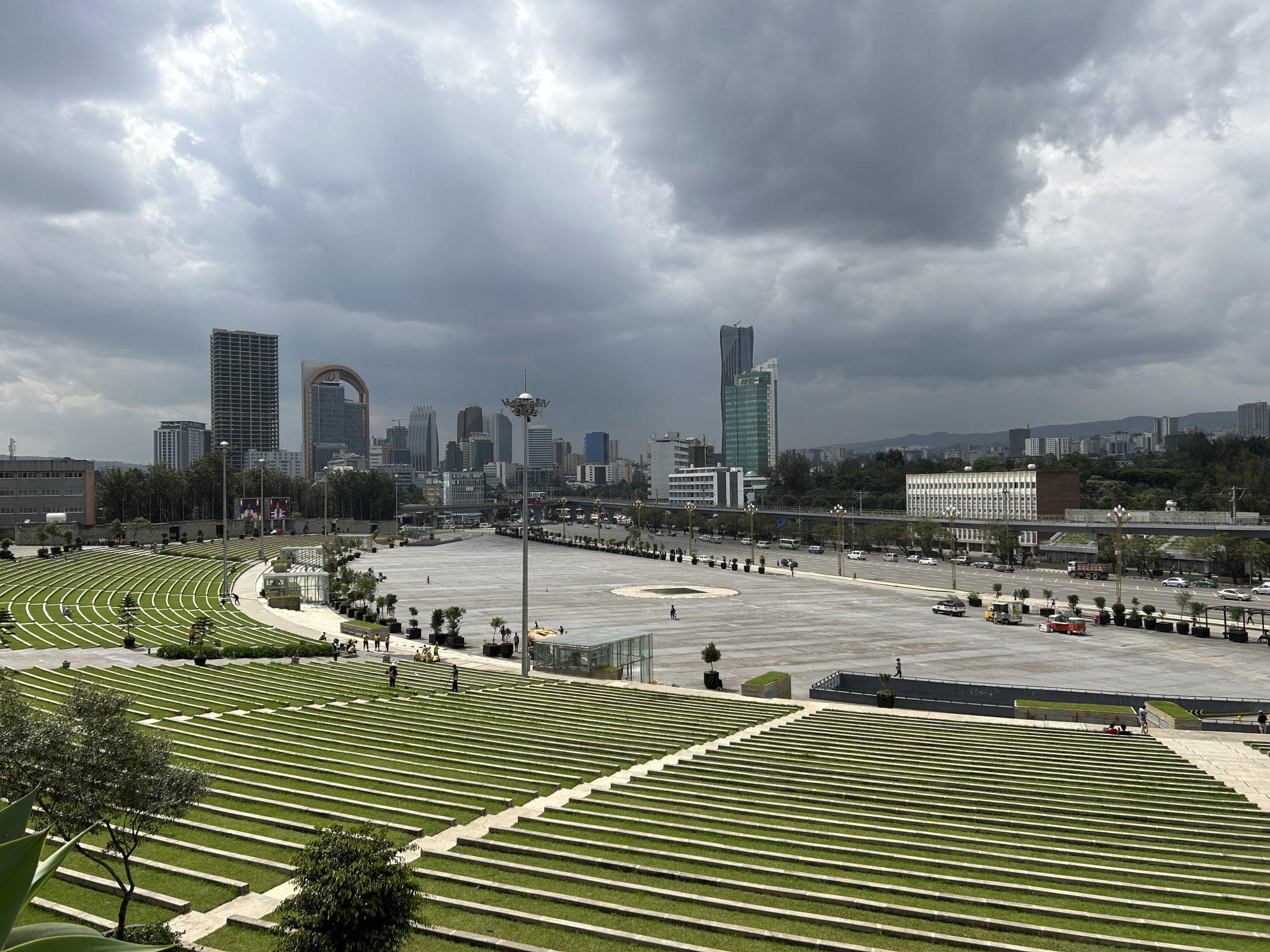Meskel Square and the Addis Ababa skyline under heavy cloud