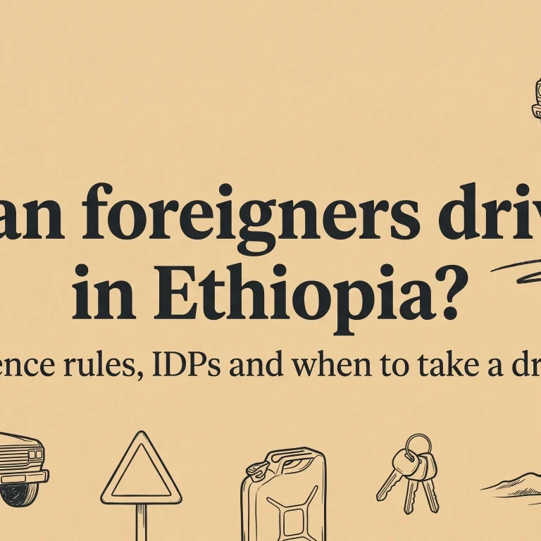 Editorial title card reading Can foreigners drive in Ethiopia, licence rules, IDPs and when to take a driver, framed by charcoal ink sketches of a steering wheel, a blank driving licence card, two boxy 4x4 station wagons, a triangular road warning sign, a jerrycan, car keys and a line of highland hills