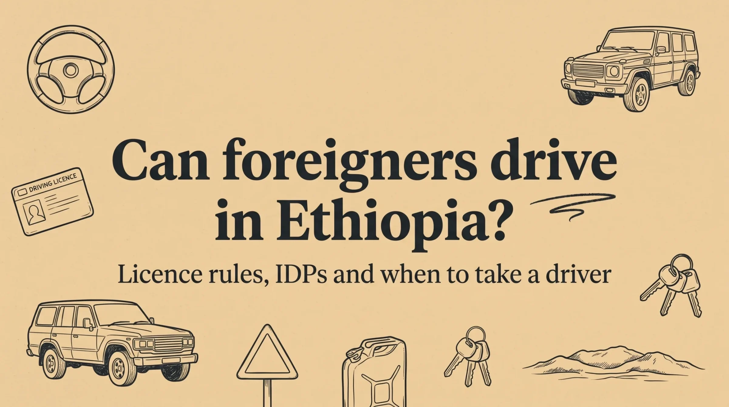Editorial title card reading Can foreigners drive in Ethiopia, licence rules, IDPs and when to take a driver, framed by charcoal ink sketches of a steering wheel, a blank driving licence card, two boxy 4x4 station wagons, a triangular road warning sign, a jerrycan, car keys and a line of highland hills