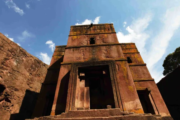 Rock-hewn church carved from solid stone in Lalibela