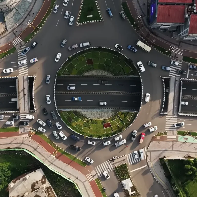 Aerial view of a busy roundabout and underpass in Addis Ababa, Ethiopia
