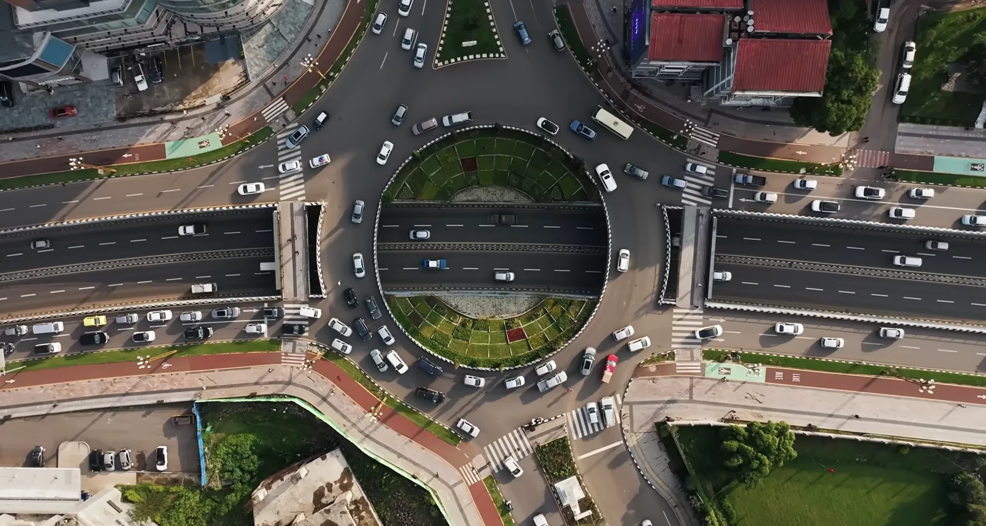 Aerial view of a busy roundabout and underpass in Addis Ababa, Ethiopia