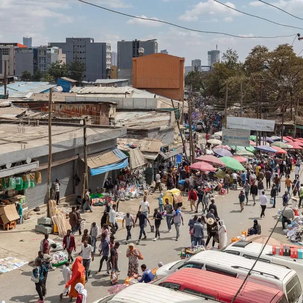 Crowded streets of Addis Mercato, the vast open-air market in Addis Ababa