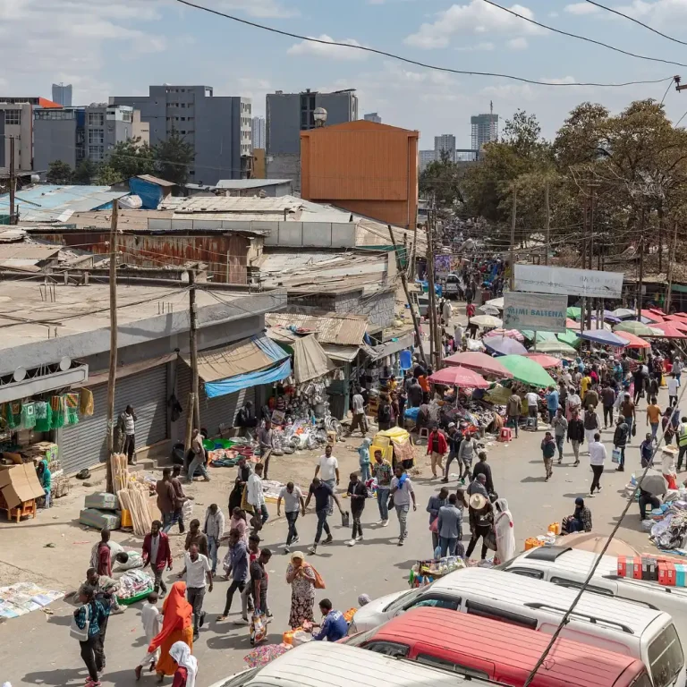 Crowded streets of Addis Mercato, the vast open-air market in Addis Ababa