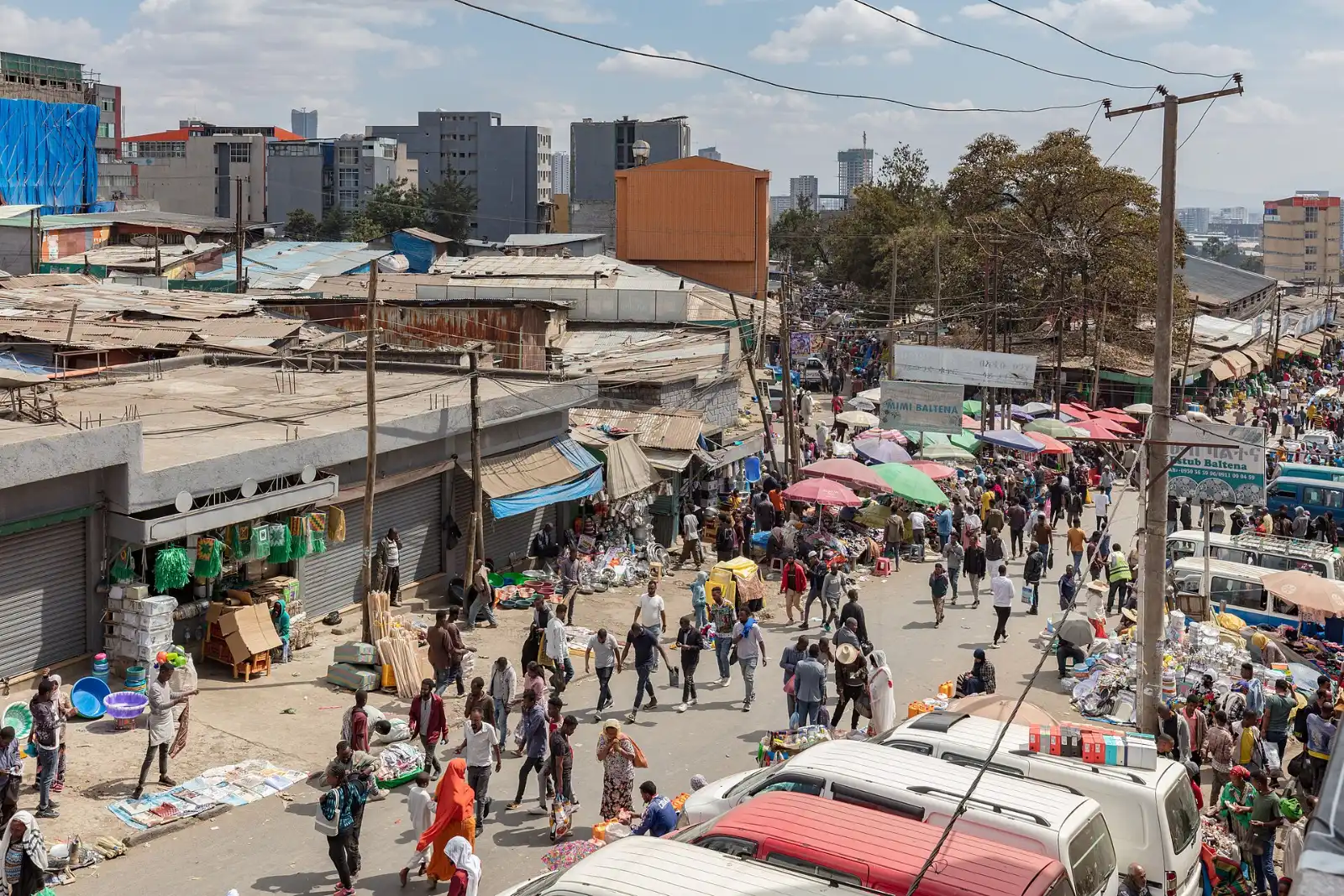 Crowded streets of Addis Mercato, the vast open-air market in Addis Ababa