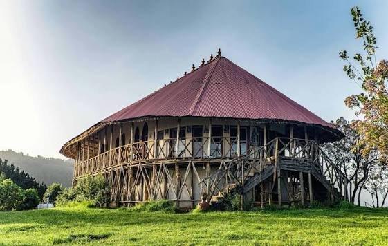 Historic round palace building at Ankober in the Ethiopian highlands