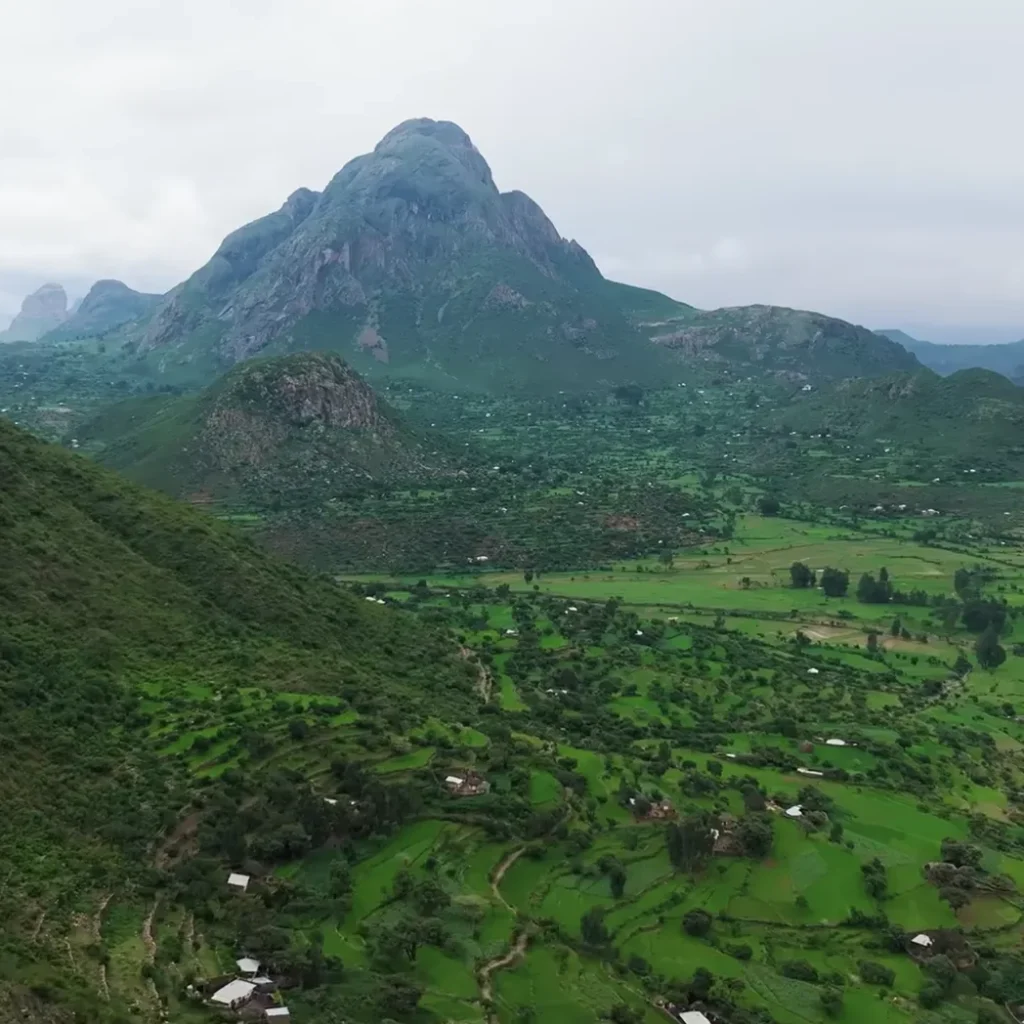 A rocky green peak rising above a wide valley of small farm fields, scattered trees and tin-roofed houses in the Bale Mountains, under a grey, overcast sky