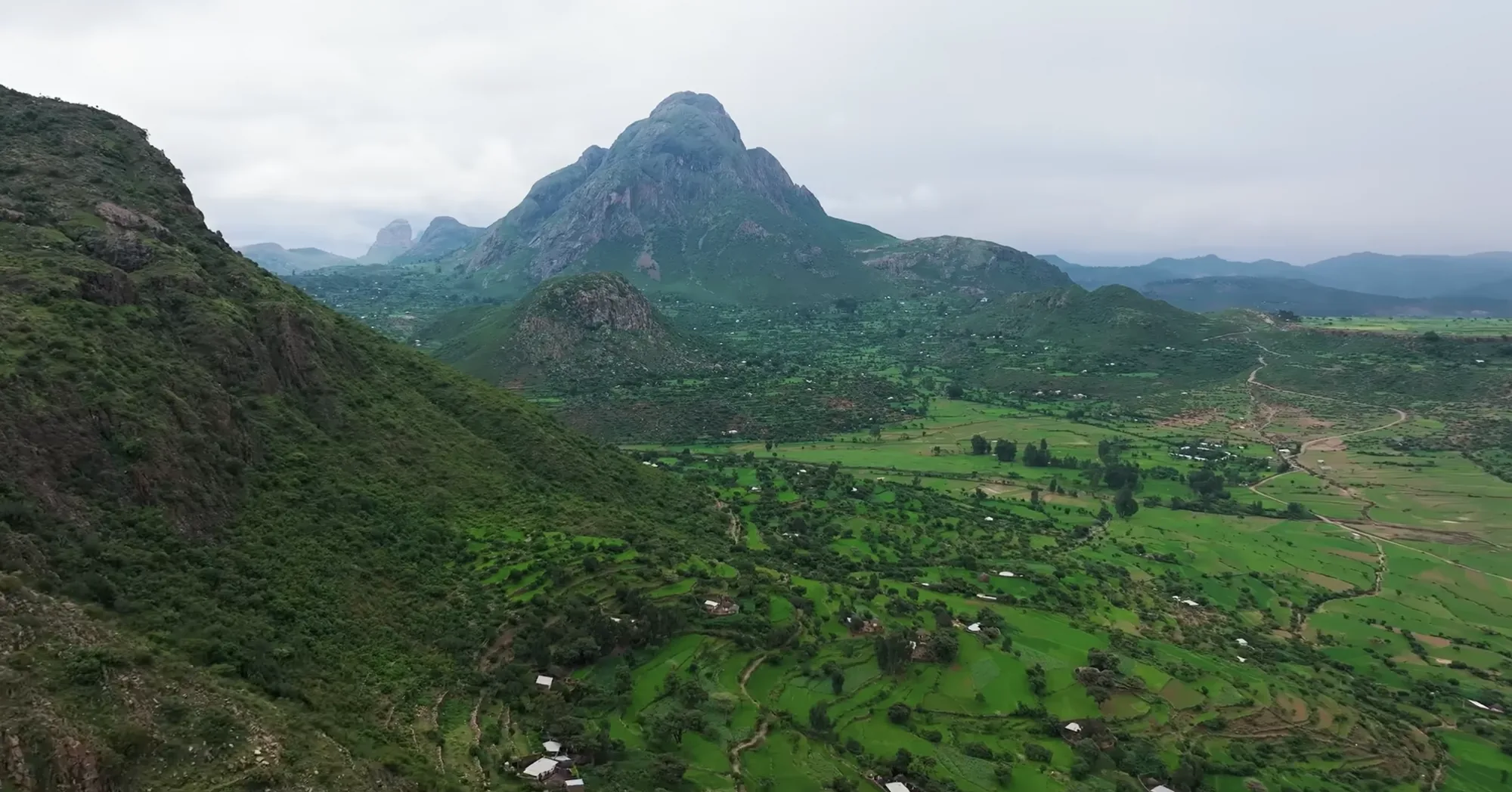 Mountain peak above a green valley in the Bale Mountains, Ethiopia