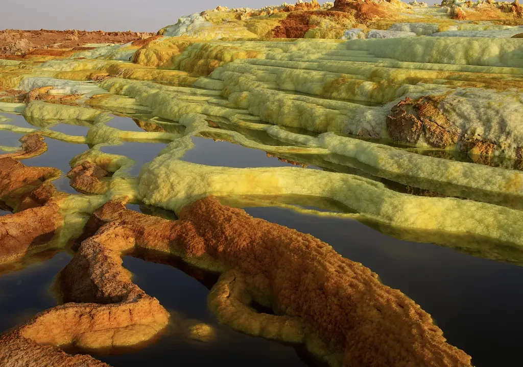 Colourful sulphur springs and salt terraces at Dallol in the Danakil Depression, Ethiopia