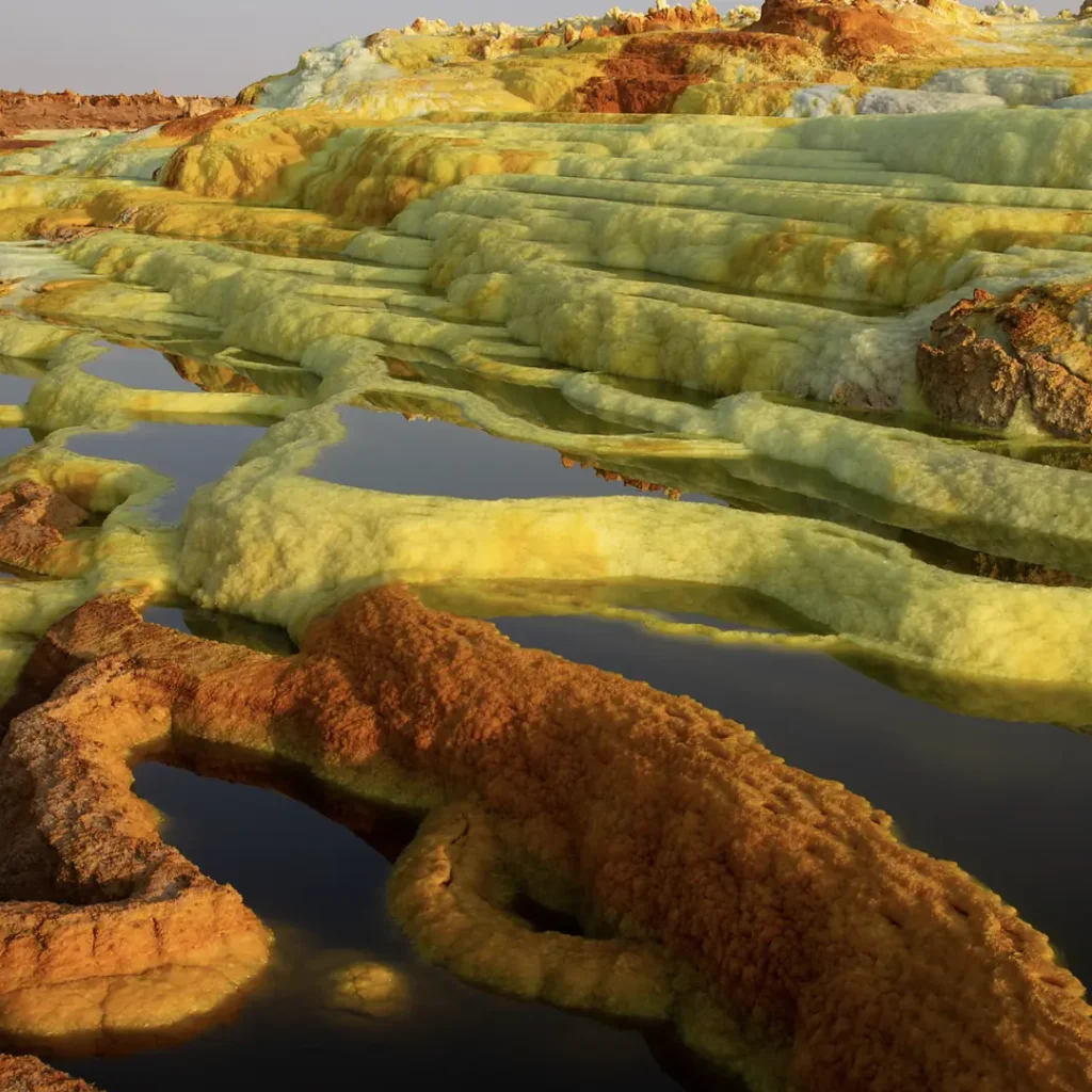Colourful sulphur springs and salt terraces at Dallol in the Danakil Depression, Ethiopia