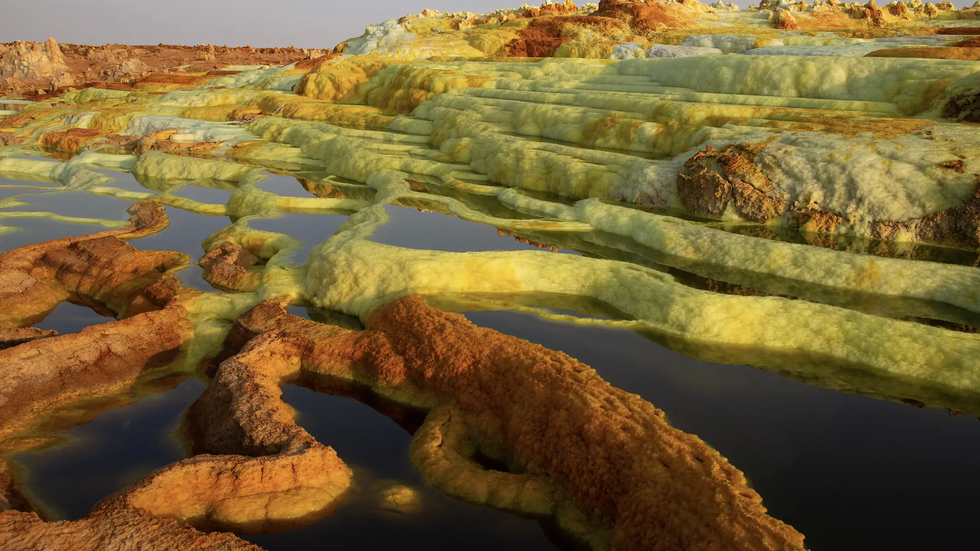 Colourful sulphur springs and salt terraces at Dallol in the Danakil Depression, Ethiopia