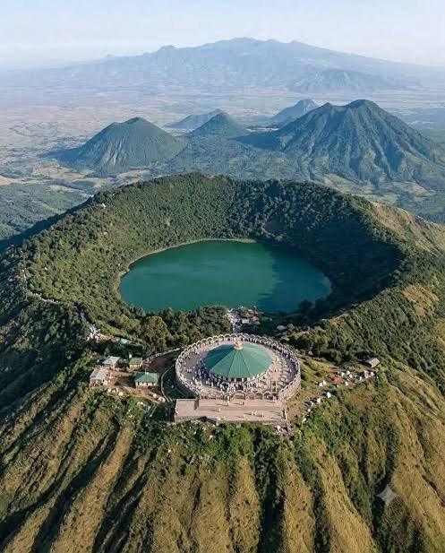 Aerial view of the crater lake and monastery on Mount Zuqualla, Ethiopia
