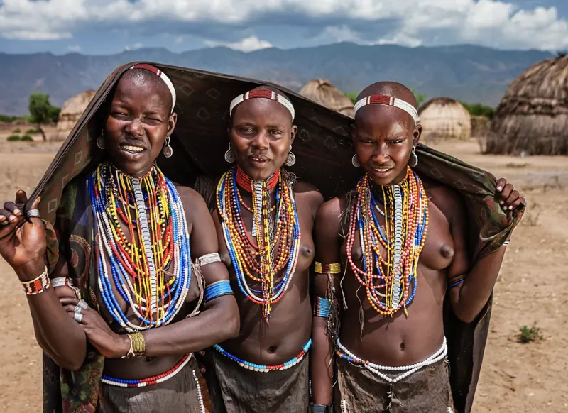 Women of the Omo Valley wearing traditional beaded necklaces, southern Ethiopia